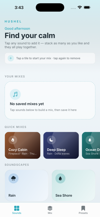Hushel home screen with Your Mixes and Quick Mixes